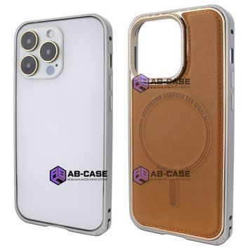 Чохол для iPhone 15 Pro Max Metal Bumpers PU Leather Case with MagSafe - Brown 3888580000002 фото